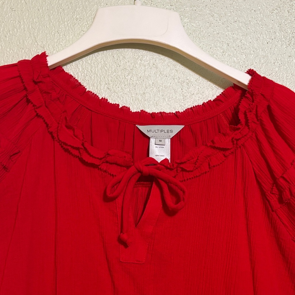Multiples Red Blouse with Ruffle Trim - Picture 3 of 5